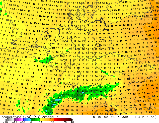 Temperatura (2m) Arpege-eu gio 30.05.2024 06 UTC