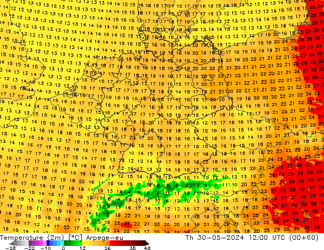 Temperature (2m) Arpege-eu Th 30.05.2024 12 UTC