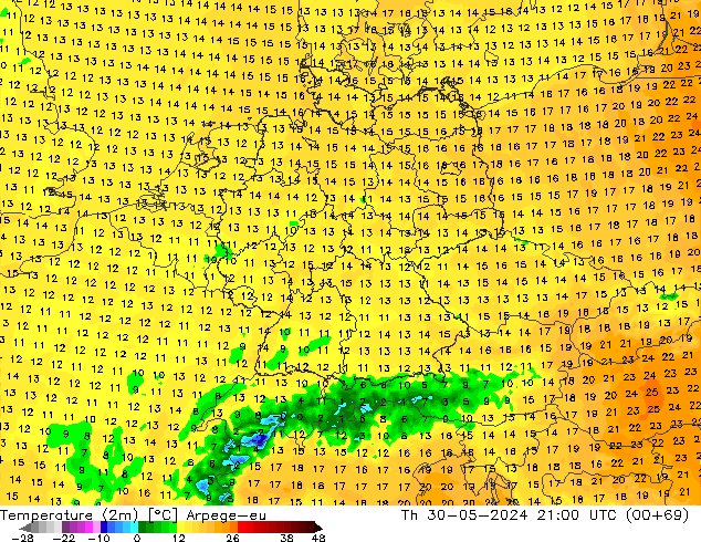 Sıcaklık Haritası (2m) Arpege-eu Per 30.05.2024 21 UTC