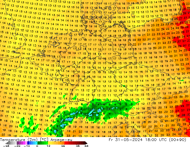 Temperatuurkaart (2m) Arpege-eu vr 31.05.2024 18 UTC