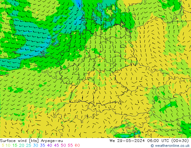 Surface wind Arpege-eu We 29.05.2024 06 UTC