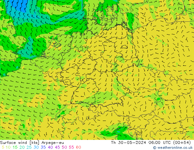 Surface wind Arpege-eu Th 30.05.2024 06 UTC