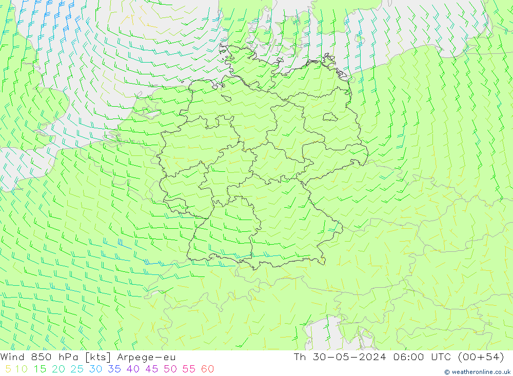 Vento 850 hPa Arpege-eu gio 30.05.2024 06 UTC