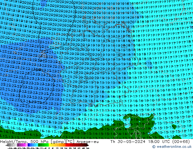 Height/Temp. 500 гПа Arpege-eu чт 30.05.2024 18 UTC