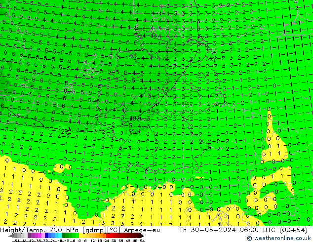 Height/Temp. 700 hPa Arpege-eu Th 30.05.2024 06 UTC