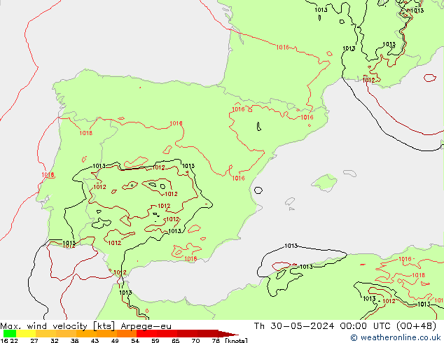 Max. wind velocity Arpege-eu Čt 30.05.2024 00 UTC