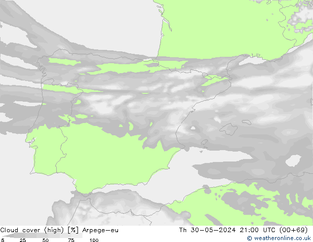 vysoký oblak Arpege-eu Čt 30.05.2024 21 UTC