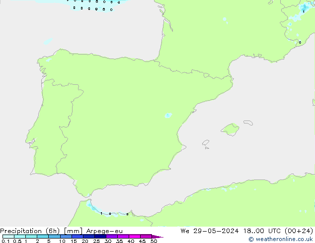 осадки (6h) Arpege-eu ср 29.05.2024 00 UTC