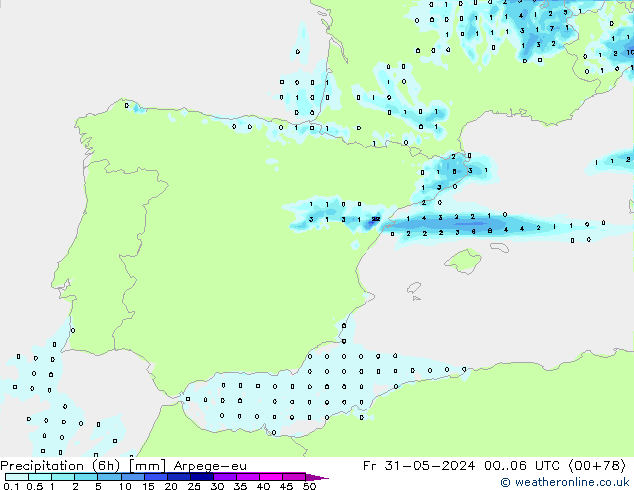 Precipitazione (6h) Arpege-eu ven 31.05.2024 06 UTC