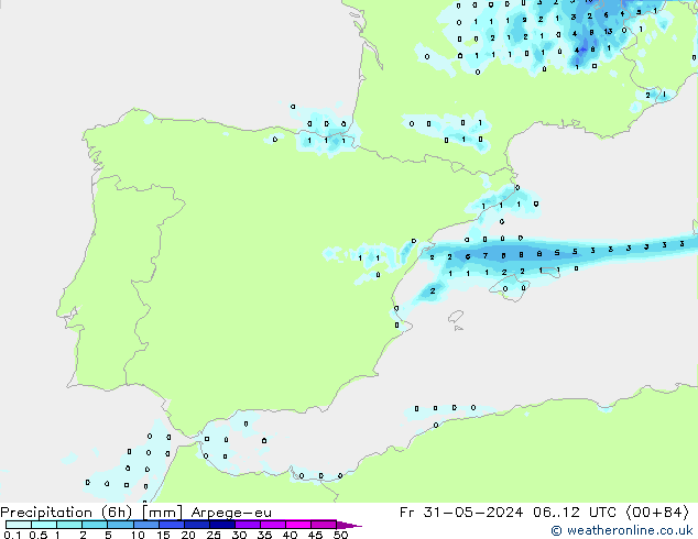 Totale neerslag (6h) Arpege-eu vr 31.05.2024 12 UTC