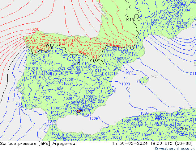 Pressione al suolo Arpege-eu gio 30.05.2024 18 UTC