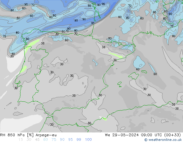 RH 850 hPa Arpege-eu  29.05.2024 09 UTC