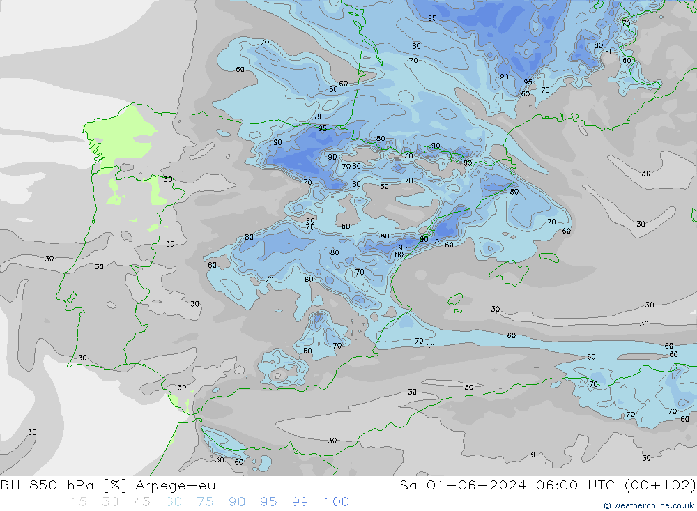 RH 850 hPa Arpege-eu Sa 01.06.2024 06 UTC