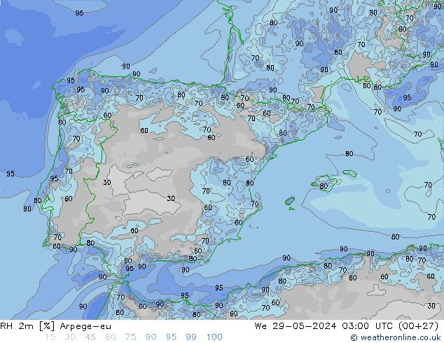 Humidité rel. 2m Arpege-eu mer 29.05.2024 03 UTC