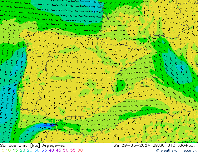 Vento 10 m Arpege-eu Qua 29.05.2024 09 UTC
