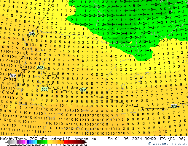 Height/Temp. 700 hPa Arpege-eu Sáb 01.06.2024 00 UTC