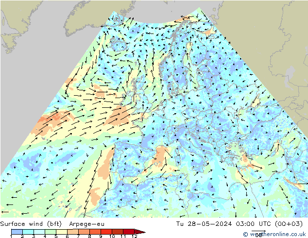 Surface wind (bft) Arpege-eu Út 28.05.2024 03 UTC