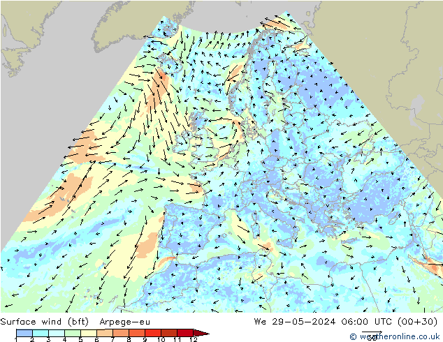 Surface wind (bft) Arpege-eu We 29.05.2024 06 UTC