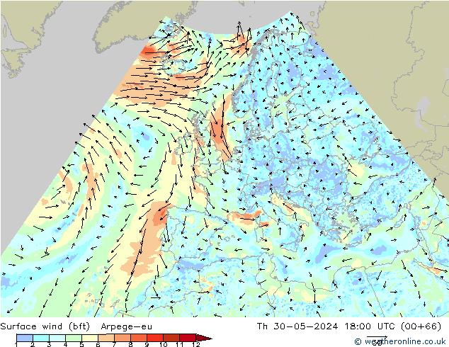 Wind 10 m (bft) Arpege-eu do 30.05.2024 18 UTC