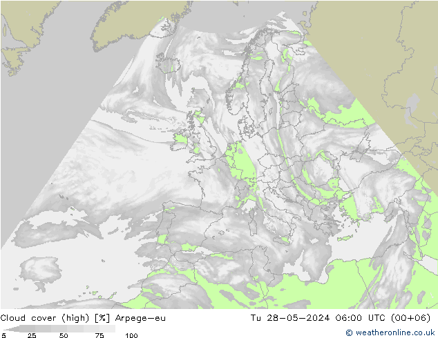 Cloud cover (high) Arpege-eu Tu 28.05.2024 06 UTC