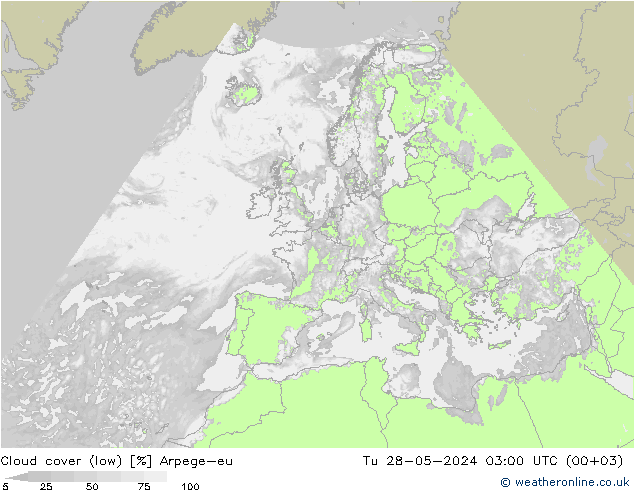 Cloud cover (low) Arpege-eu Tu 28.05.2024 03 UTC