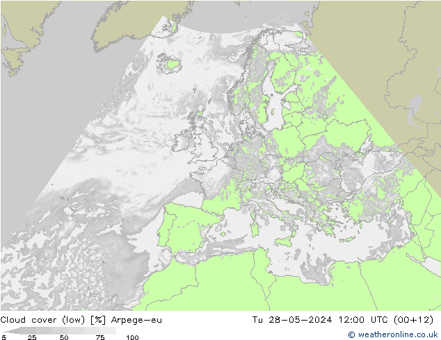 Cloud cover (low) Arpege-eu Tu 28.05.2024 12 UTC