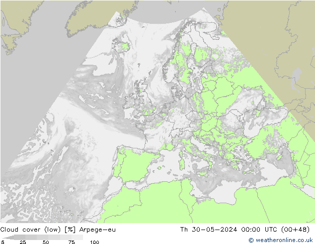 Cloud cover (low) Arpege-eu Th 30.05.2024 00 UTC