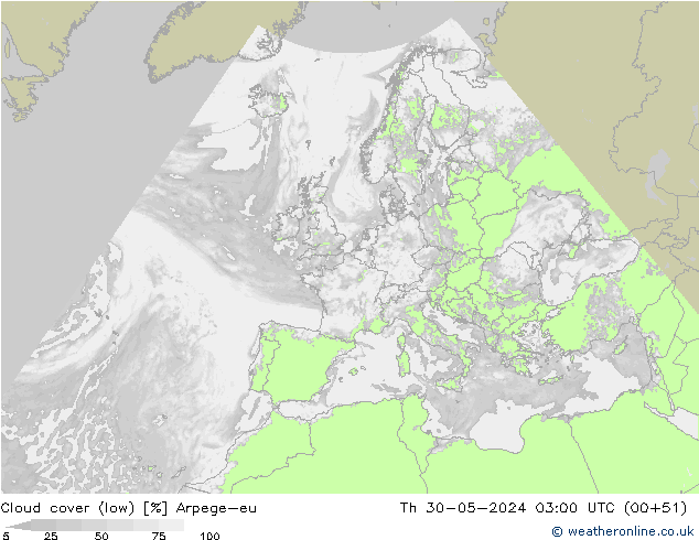 nízká oblaka Arpege-eu Čt 30.05.2024 03 UTC