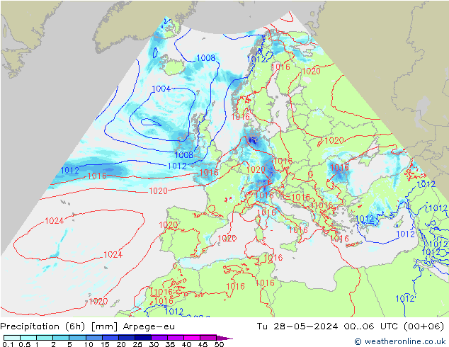 Totale neerslag (6h) Arpege-eu di 28.05.2024 06 UTC