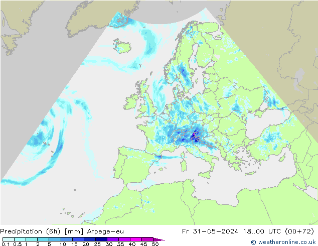 Precipitação (6h) Arpege-eu Sex 31.05.2024 00 UTC