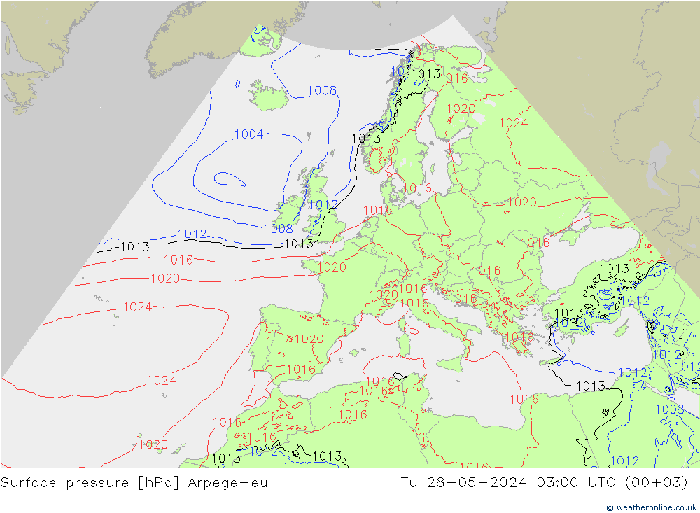 Surface pressure Arpege-eu Tu 28.05.2024 03 UTC