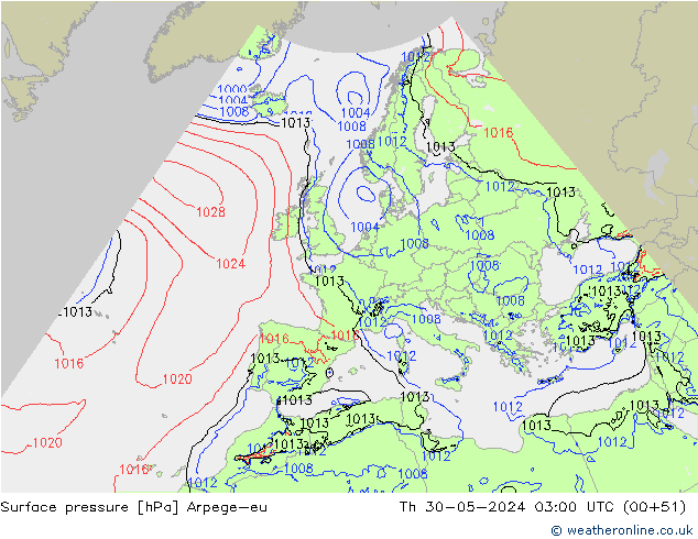 Atmosférický tlak Arpege-eu Čt 30.05.2024 03 UTC