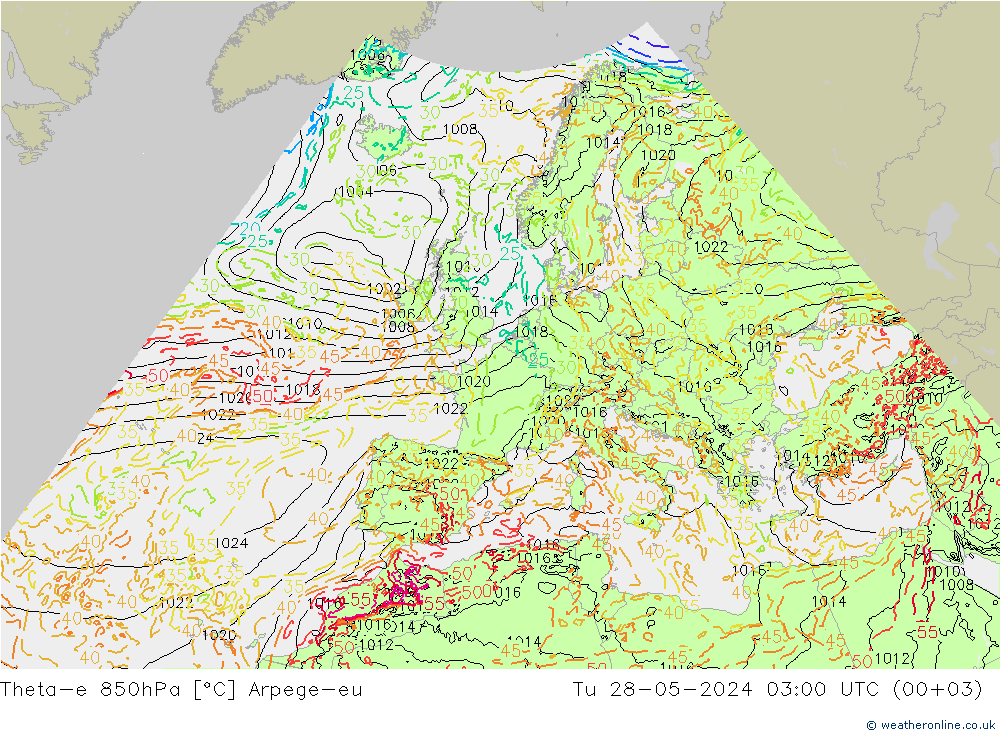 Theta-e 850hPa Arpege-eu mar 28.05.2024 03 UTC