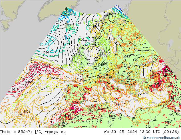 Theta-e 850hPa Arpege-eu We 29.05.2024 12 UTC