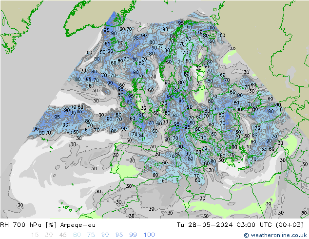 RH 700 hPa Arpege-eu Tu 28.05.2024 03 UTC