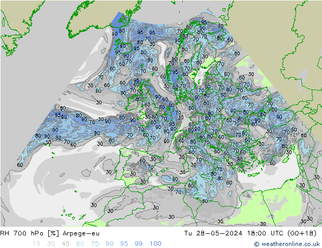 RH 700 hPa Arpege-eu Ter 28.05.2024 18 UTC