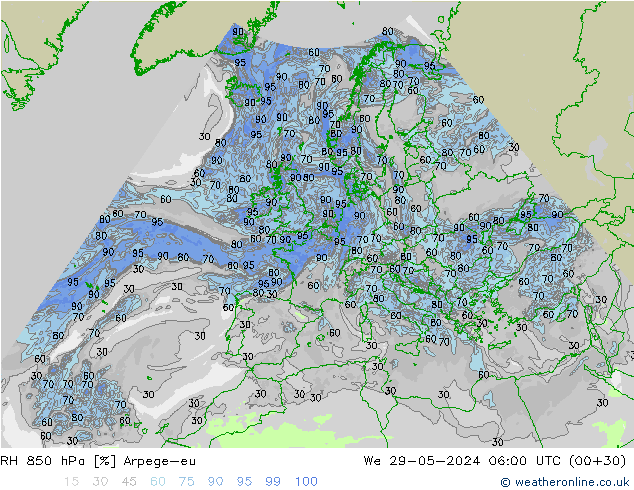 Humidité rel. 850 hPa Arpege-eu mer 29.05.2024 06 UTC