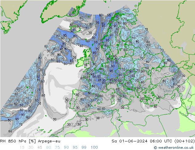 RH 850 hPa Arpege-eu Sa 01.06.2024 06 UTC