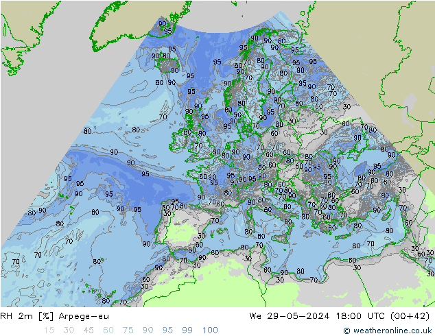 RH 2m Arpege-eu Mi 29.05.2024 18 UTC