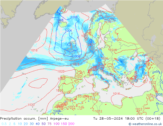 Precipitation accum. Arpege-eu wto. 28.05.2024 18 UTC