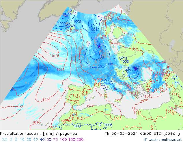 Precipitation accum. Arpege-eu Čt 30.05.2024 03 UTC