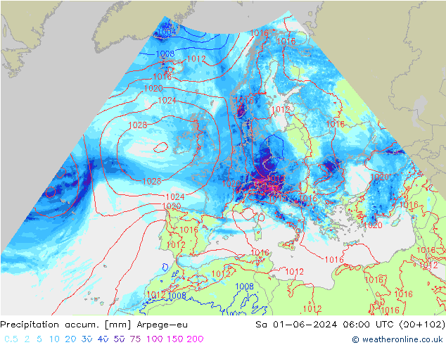 Precipitation accum. Arpege-eu Sa 01.06.2024 06 UTC