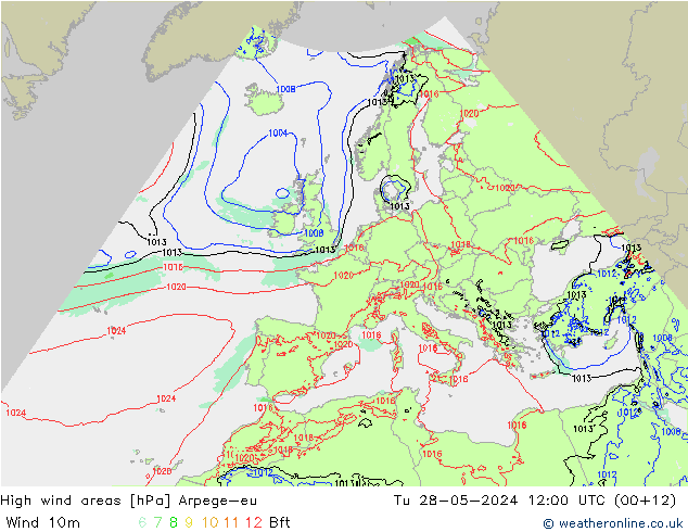 High wind areas Arpege-eu Tu 28.05.2024 12 UTC