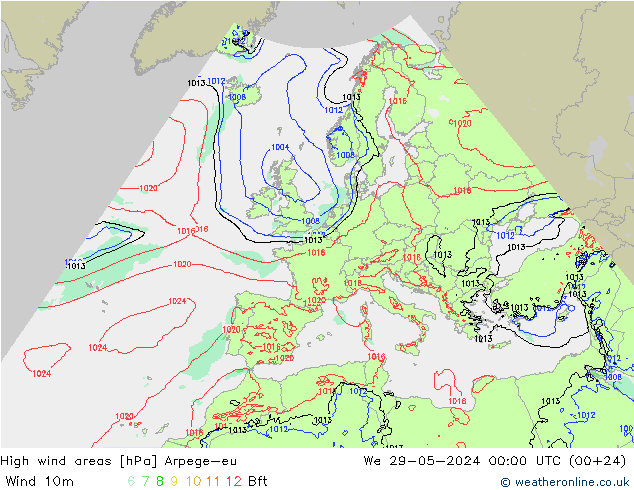 High wind areas Arpege-eu St 29.05.2024 00 UTC