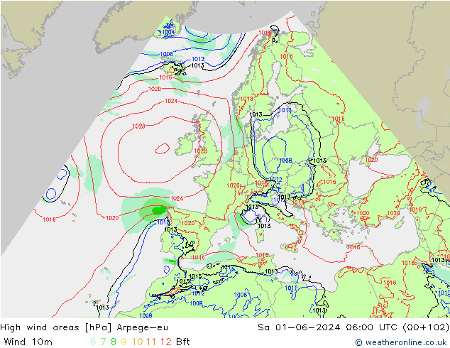 High wind areas Arpege-eu Sa 01.06.2024 06 UTC