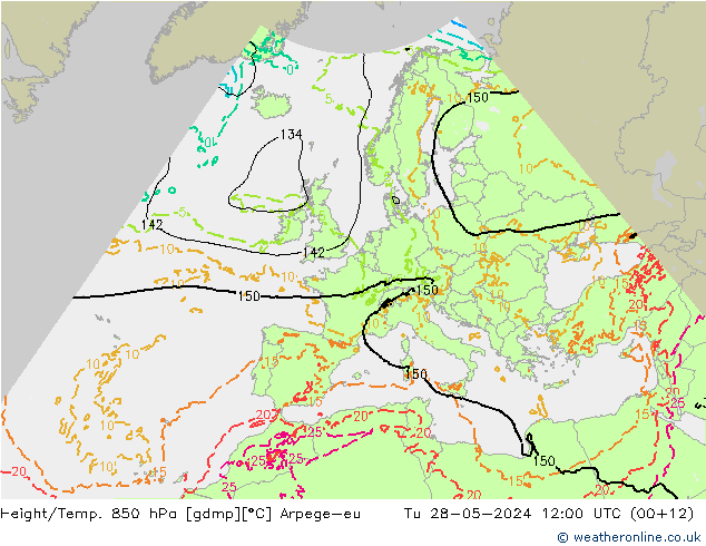 Géop./Temp. 850 hPa Arpege-eu mar 28.05.2024 12 UTC