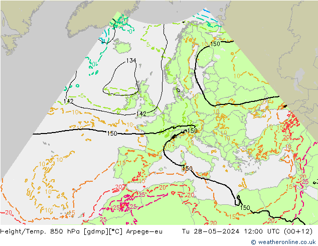 Height/Temp. 850 hPa Arpege-eu Út 28.05.2024 12 UTC