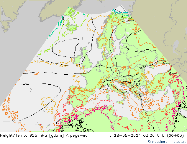 Height/Temp. 925 hPa Arpege-eu mar 28.05.2024 03 UTC
