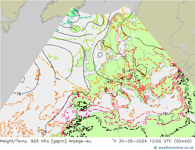 Height/Temp. 925 hPa Arpege-eu czw. 30.05.2024 12 UTC