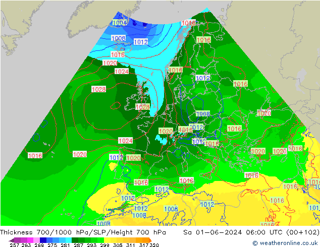 Thck 700-1000 гПа Arpege-eu сб 01.06.2024 06 UTC